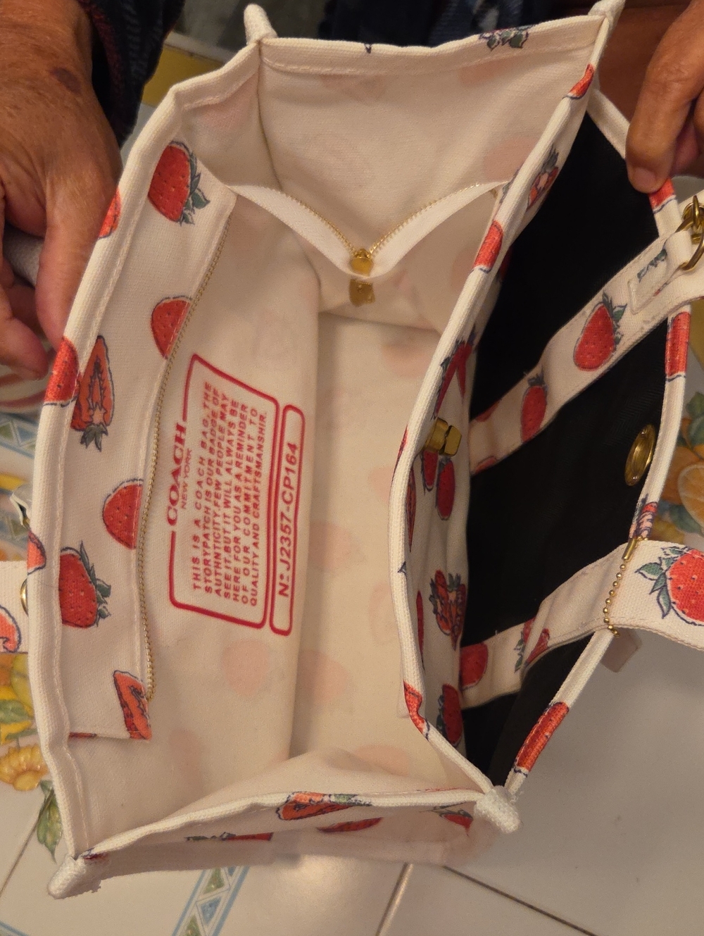 Coach White Canvas Tote with Red Strawberry Motif - Picture 6 of 8